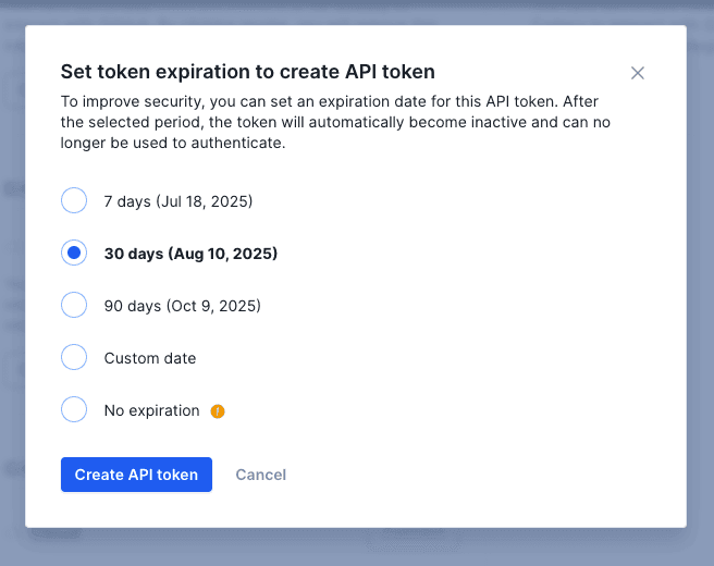 Creating an account API token modal