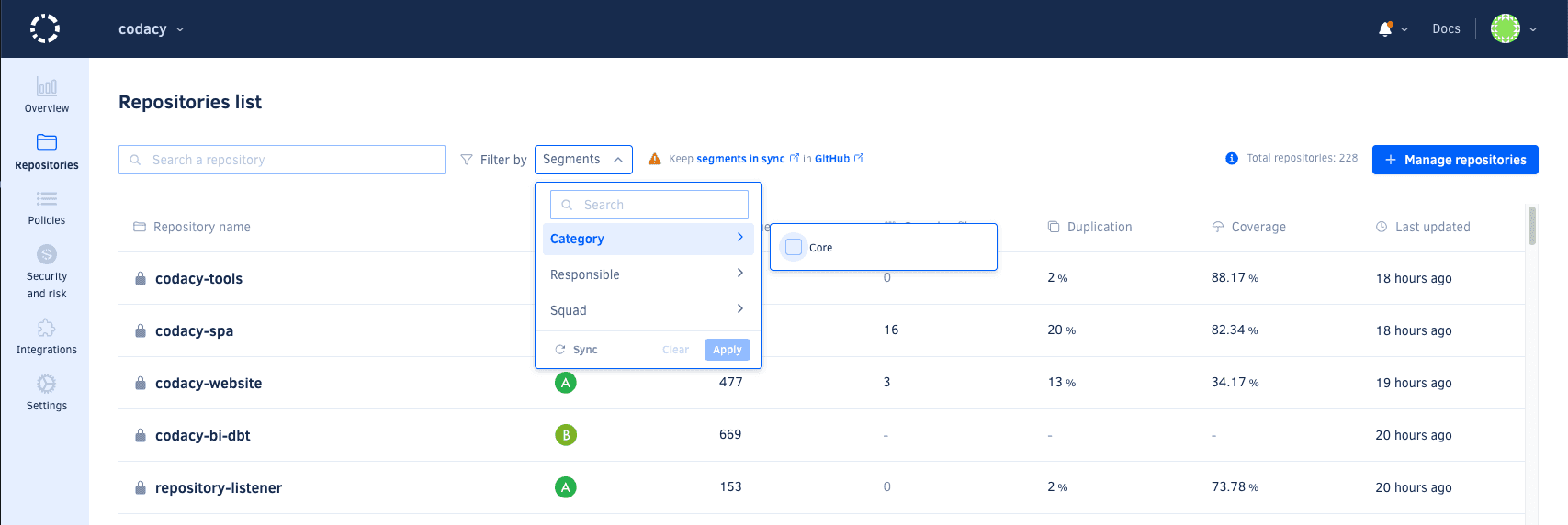 Repositories list filter