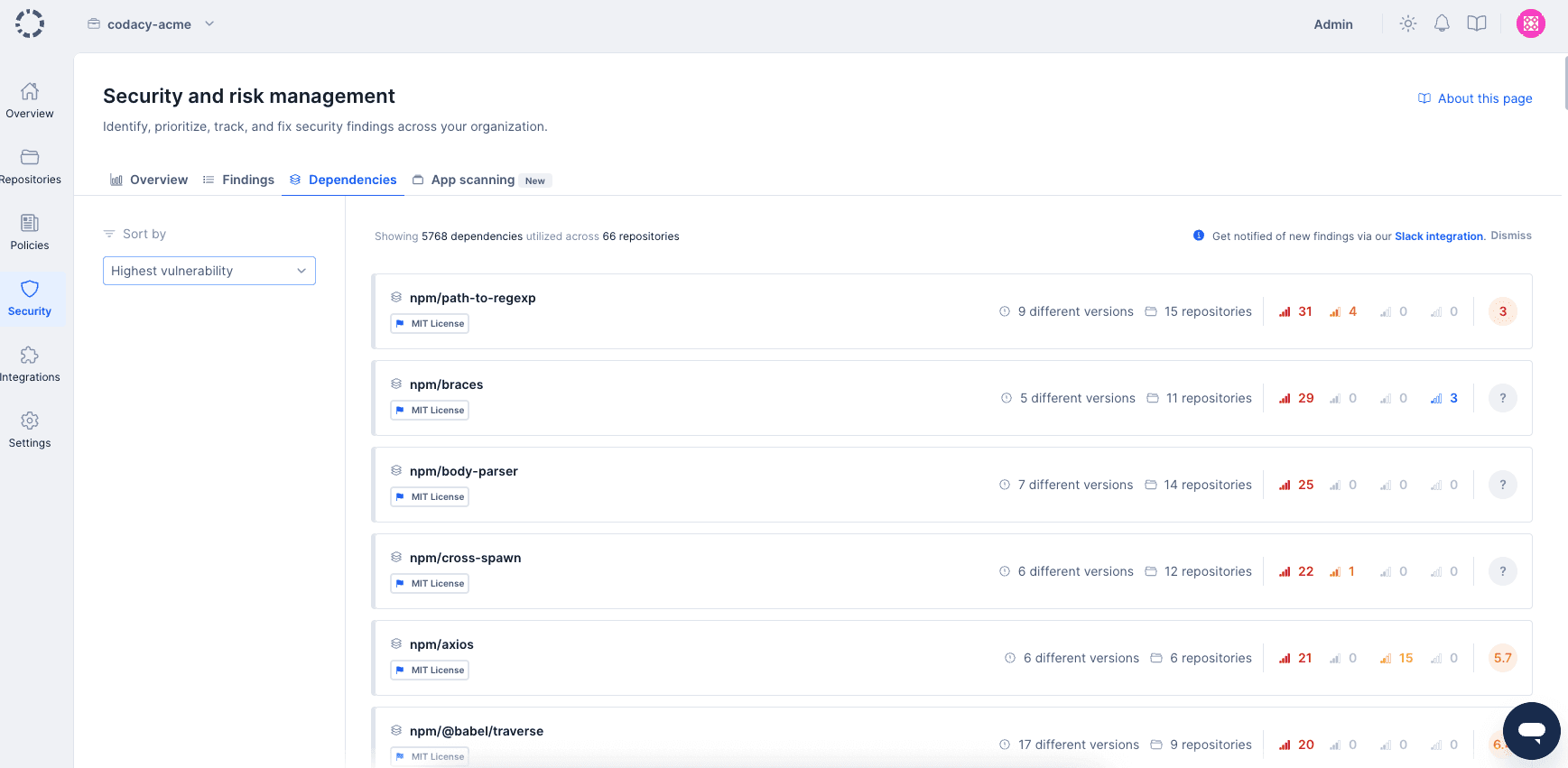 Security and risk management dependencies page